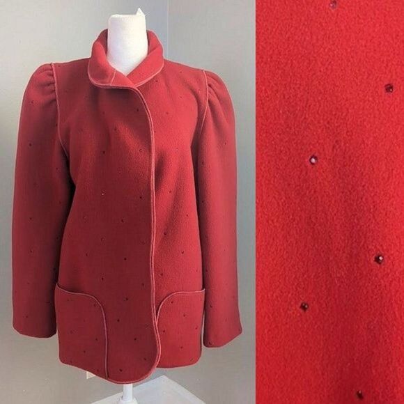 Vintage 1970s Mrs. H Winter Wool Coat Red Rhinestones Pockets Cottage Puff 4 - Picture 1 of 14
